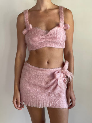 Custom Made Pink Mohair Crop Top & Mini Skirt Set (XS/S)