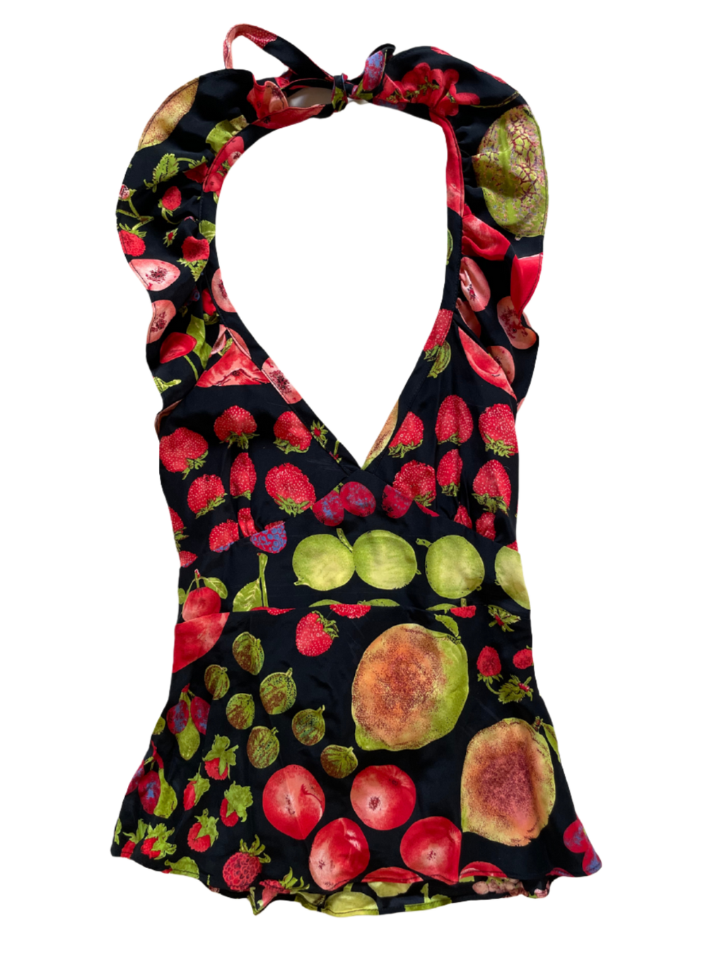 Ultra Rare Betsey Johnson Silk Fruit Print Ruffle Halter (6) – Abigail Bell