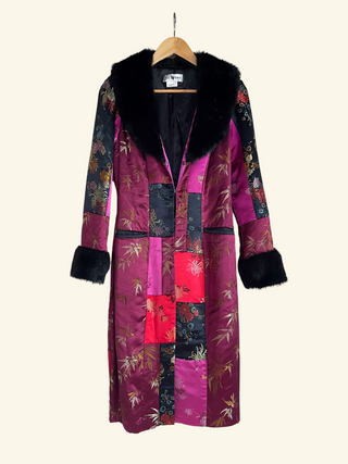 Early 2000s Sue Wong Silk Patchwork Faux Fur Coat (4)