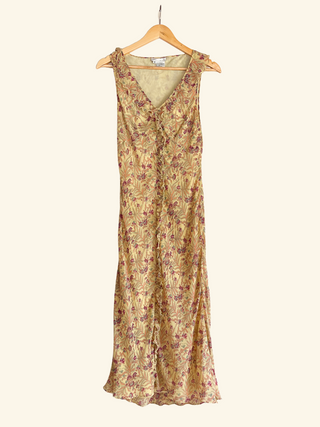 Early 2000s Yellow Floral Printed Silk Ruffle Dress (M/L)