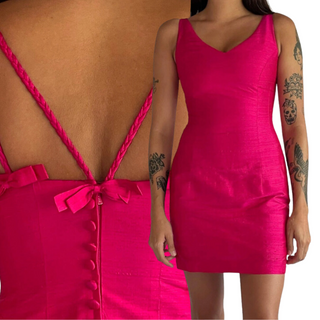 1990s Hot Pink Raw Silk Mini Dress with Bow Detailing (2)