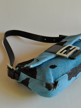 Fendi Spring/Summer 1999 Blue Pony Hair Cow Print Baguette, Made in Italy