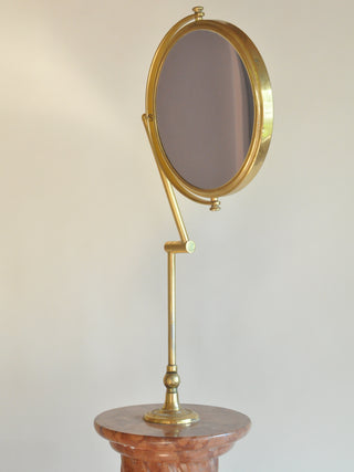 Brass Vanity Mirror on Monumental Rust Marble Pillar Base