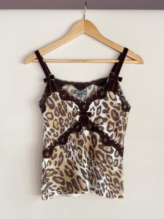 Early 2000s Angora Leopard Print Cami with Velvet Bow & Beading Accents (S)