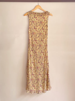 Early 2000s Yellow Floral Printed Silk Ruffle Dress (M/L)
