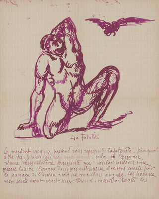 Purple ink drawing of a nude figure with text on a beige background