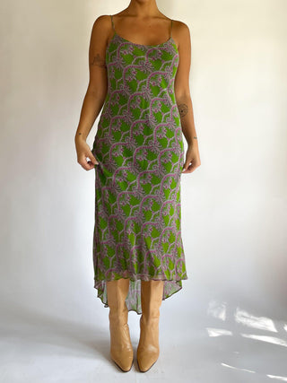 1990s-00s Green and Purple Printed Slip Dress (M)