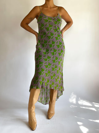 1990s-00s Green and Purple Printed Slip Dress (M)