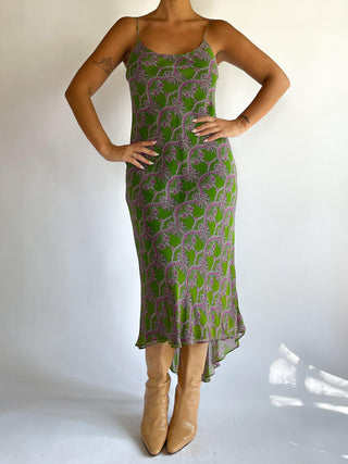 1990s-00s Green and Purple Printed Slip Dress (M)