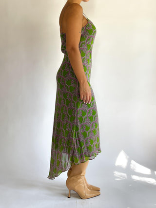 1990s-00s Green and Purple Printed Slip Dress (M)