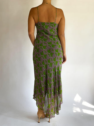 1990s-00s Green and Purple Printed Slip Dress (M)