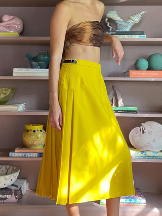 1980s-90s Yellow Wool Wrap Skirt with Buckles, Made in Scotland (28")
