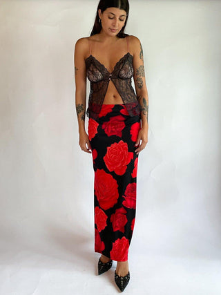 1990s Large Format Rose Print Maxi Skirt