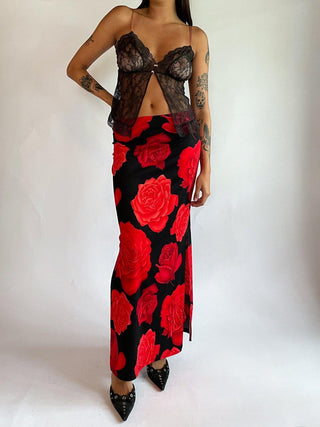 1990s Large Format Rose Print Maxi Skirt