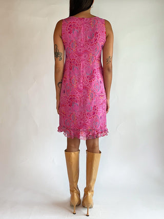 1990s Pink Silk Floral Mini Dress (4-6)