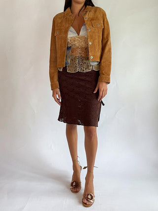 1990s-00s Chocolate Brown Lace Skirt with Synched Detail (4-6)
