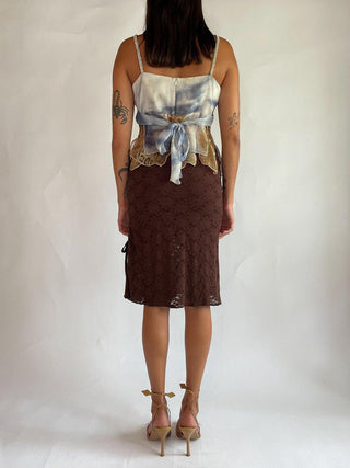 1990s-00s Chocolate Brown Lace Skirt with Synched Detail (4-6)