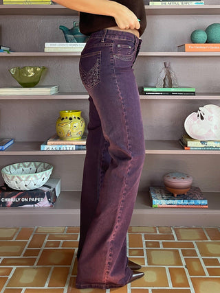 2000s Caché Rhinestone Butterfly Pocket Wide Leg Jeans (6)