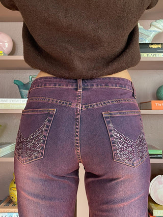 2000s Caché Rhinestone Butterfly Pocket Wide Leg Jeans (6)