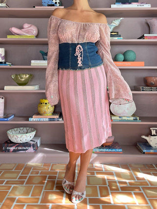 1990s-00s Sheer and Denim Corset Top (M)