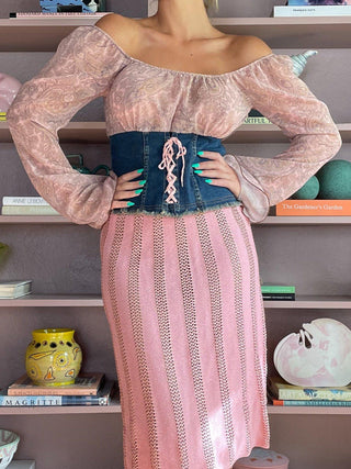 1990s-00s Sheer and Denim Corset Top (M)