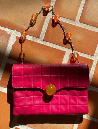 2000s Chanel Magenta Quilted Lambskin Lucite Hinge and Chain Strap Bag, Made in France