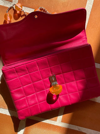 2000s Chanel Magenta Quilted Lambskin Lucite Hinge and Chain Strap Bag, Made in France