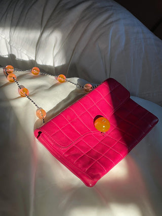 2000s Chanel Magenta Quilted Lambskin Lucite Hinge and Chain Strap Bag, Made in France