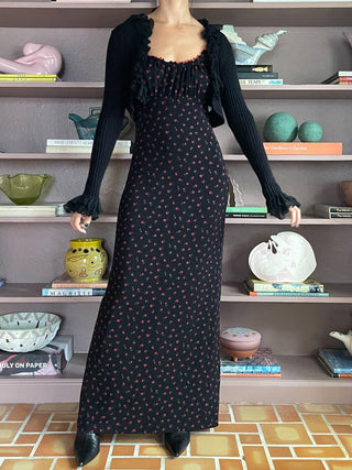 1990s Slinky Rose Print Maxi Dress (M)