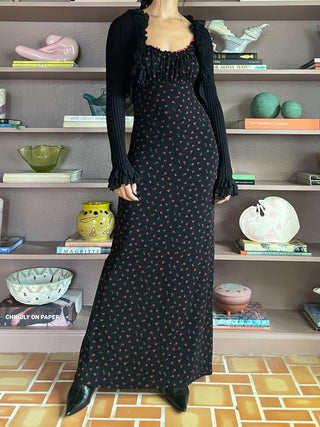 1990s Slinky Rose Print Maxi Dress (M)