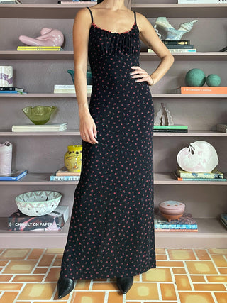 1990s Slinky Rose Print Maxi Dress (M)