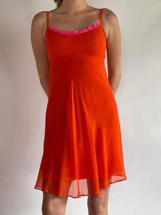 1990s-00s Orange Silk Dress with Hot Pink Ruffle Trim (6)