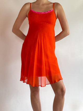 1990s-00s Orange Silk Dress with Hot Pink Ruffle Trim (6)