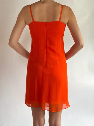 1990s-00s Orange Silk Dress with Hot Pink Ruffle Trim (6)