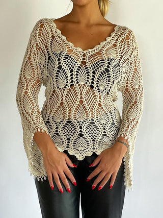 2000s Crocheted Top With Beaded Sleeves (S-M)