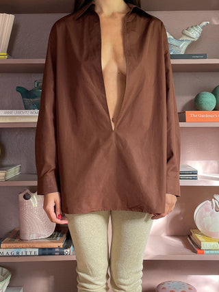 1990s Hermès Deep Plunge Chocolate Brown Blouse, Made in France (S-M)