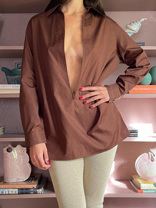 1990s Hermès Deep Plunge Chocolate Brown Blouse, Made in France (S-M)