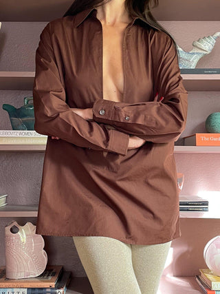 1990s Hermès Deep Plunge Chocolate Brown Blouse, Made in France (S-M)