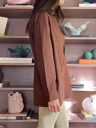 1990s Hermès Deep Plunge Chocolate Brown Blouse, Made in France (S-M)