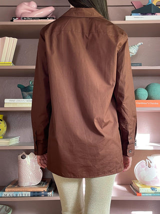 1990s Hermès Deep Plunge Chocolate Brown Blouse, Made in France (S-M)