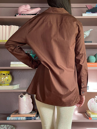 1990s Hermès Deep Plunge Chocolate Brown Blouse, Made in France (S-M)
