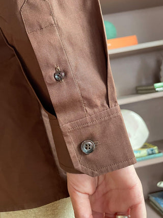 1990s Hermès Deep Plunge Chocolate Brown Blouse, Made in France (S-M)