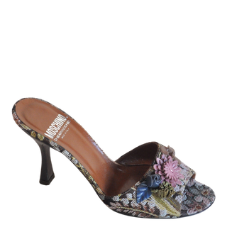 2000s Moschino Tapestry Heels with Leather Flower Appliqués, Made in Italy (36.5)