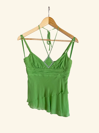 Early 2000s BCBG Lime Silk Sequined Halter (XS)