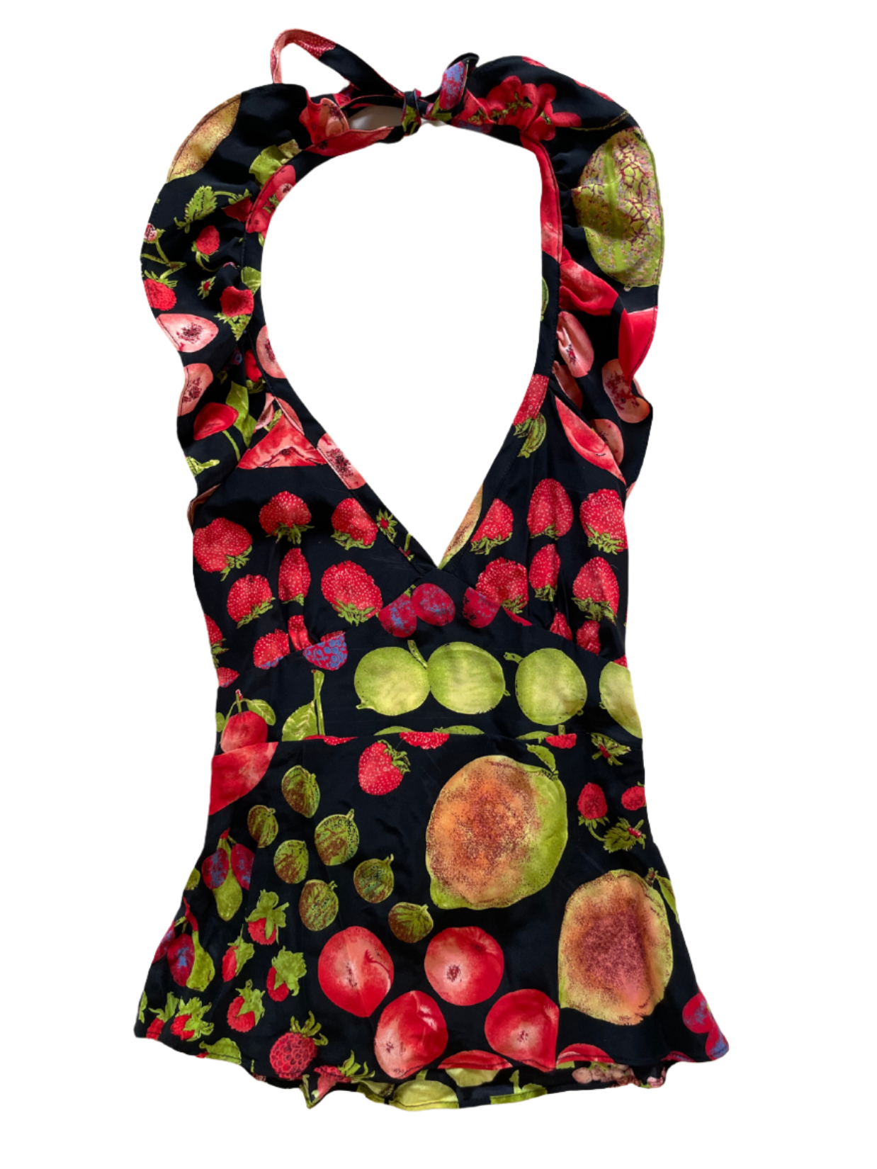 Ultra Rare Betsey Johnson Silk Fruit Print Ruffle Halter (6) – Abigail Bell Ultra Rare Betsey Johnson Silk Fruit Print Ruffle Halter (6) – Abigail Bell