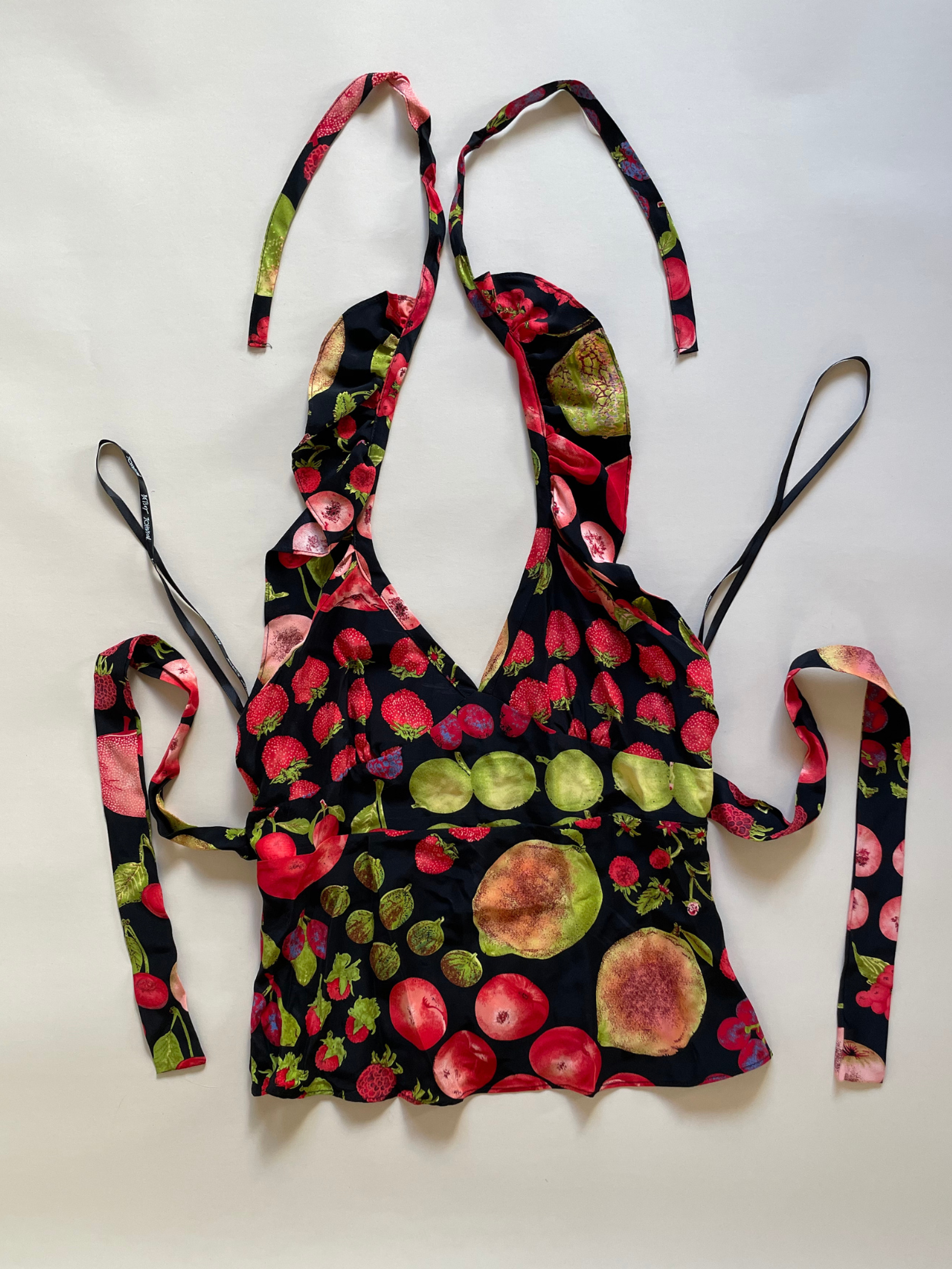 Ultra Rare Betsey Johnson Silk Fruit Print Ruffle Halter (6) – Abigail Bell Ultra Rare Betsey Johnson Silk Fruit Print Ruffle Halter (6) – Abigail Bell