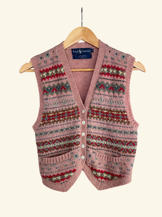 1980s Ralph Lauren Pink Faire Isle Sweater Vest, Made in Hong Kong (XS/S)