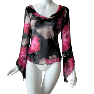 Floral Fairy Bell Sleeve Silk Top (M)