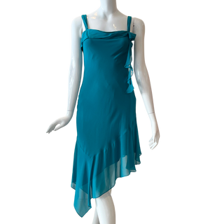 Teal Asymmetrical Hem Rosette Silk Slip Dress (XS/S)