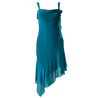 Teal Asymmetrical Hem Rosette Silk Slip Dress (XS/S)